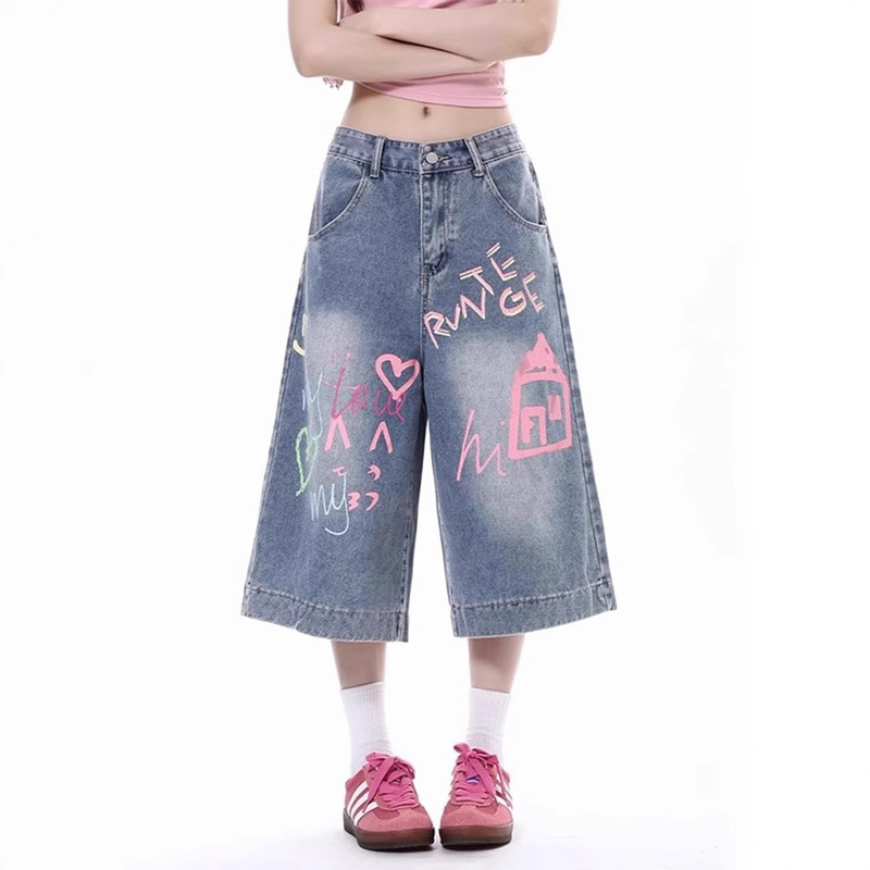 Niche Graffiti Design Jeans 2025 Summer New Loose Straight Trendy Versatile Wide-Leg Cropped Pants