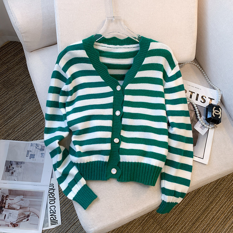 Cross-border real shot in stock Autumn New Korean style striped fashion women's elegant top sweater sweater cardigan for women
