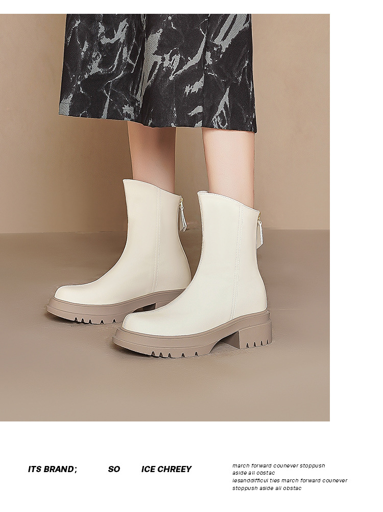 White Ankle Boots For Women Thick Sole Elastic Slim Fit Autumn_voghion.com