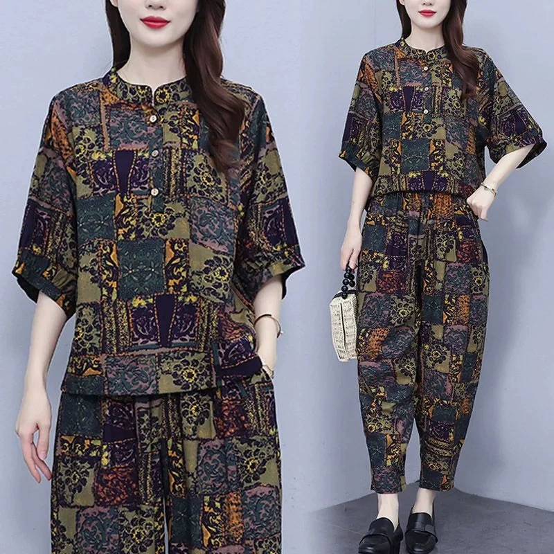 Женский ретро-костюм больших размеров, новый модный топ с принтом для похудения, летние повседневные брюки, комплект из двух предметов