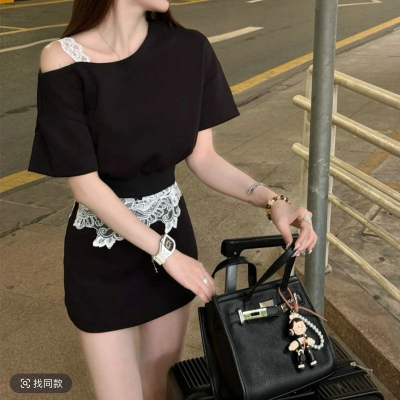 Hot Girl's Pure Lust Style Sexy Arm-Wrapped Skirt Suit, High-End Slanted Shoulder Lace Short-Sleeved Top and Skirt Two-Piece Set