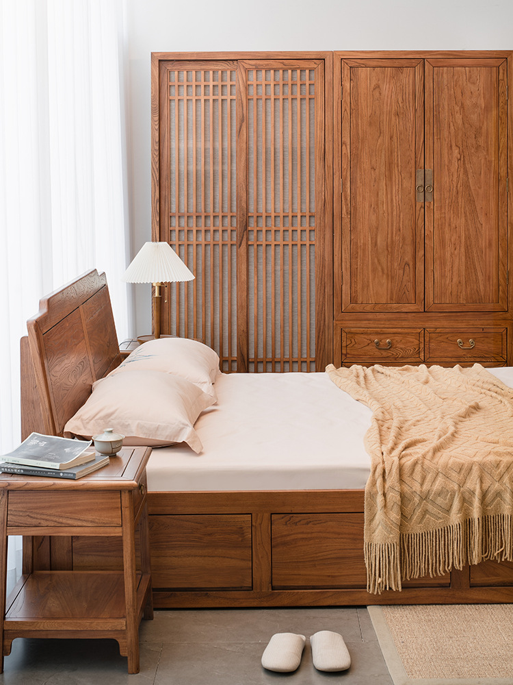 New Chinese Style Double Bed with Old Elm Wood, 1.8-meter Storage, Thick Mattress Box, Simple Main Bedroom Furniture