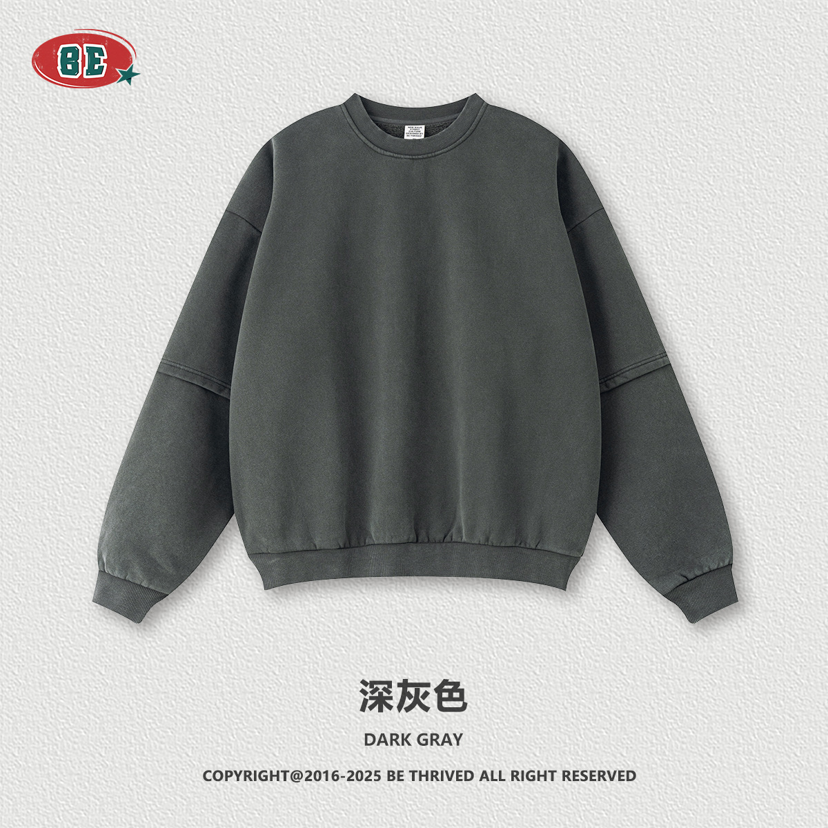 BE ropa de hombre | Sudadera para hombre con forro polar, cuello redondo, estilo europeo y americano, de marca de moda para comercio exterior, con lavado y efecto desgastado, diseño de patchwork de dos piezas falsas y estampado de copos de nieve.