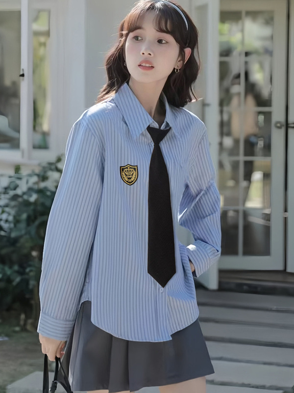 韩系jk制服蓝色条纹衬衫女学生外穿长袖上衣设计感小众百褶裙套装|undefined
