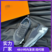 原盒新款牛皮拼接帆布透气系带休闲板鞋广州外贸男鞋夏天必备