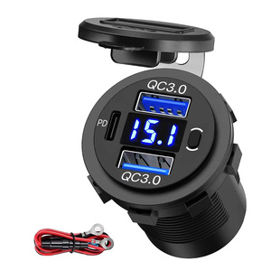 New three-port car charger yacht saloon outdoor waterproof double USB + PD3.0 fast charging digital display voltmeter small switch