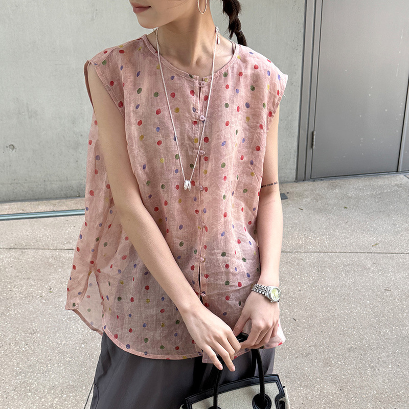 Lino Summer New Vintage-Style Ramie Polka Dot Sleeveless Vest for Women 2026 Korean Design Top