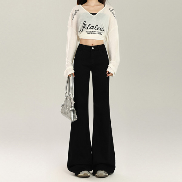 微喇牛仔褲女春季款高腰顯瘦梨型身材大碼黑色小個子馬蹄喇叭褲子