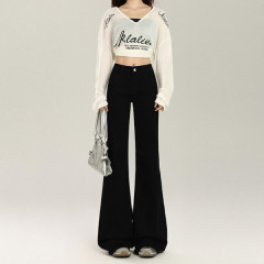 微喇牛仔褲女春季款高腰顯瘦梨型身材大碼黑色小個子馬蹄喇叭褲子