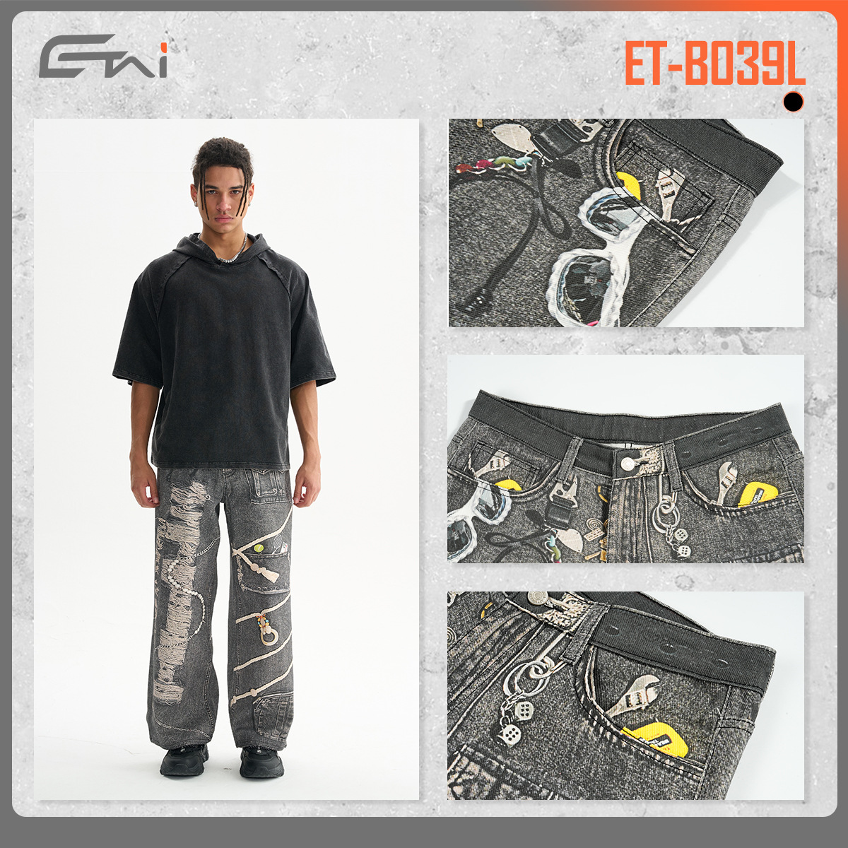 ETAI Hombre| 320g algodón pesado de moda impresa jeans hombre de alta calidad callejera impresa 3D pantalones recto