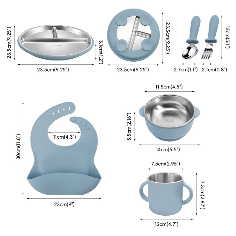 Placa de comedor de acero inoxidable para niños, taza de agua de silicona binaural, taza para beber para bebés de grado alimenticio