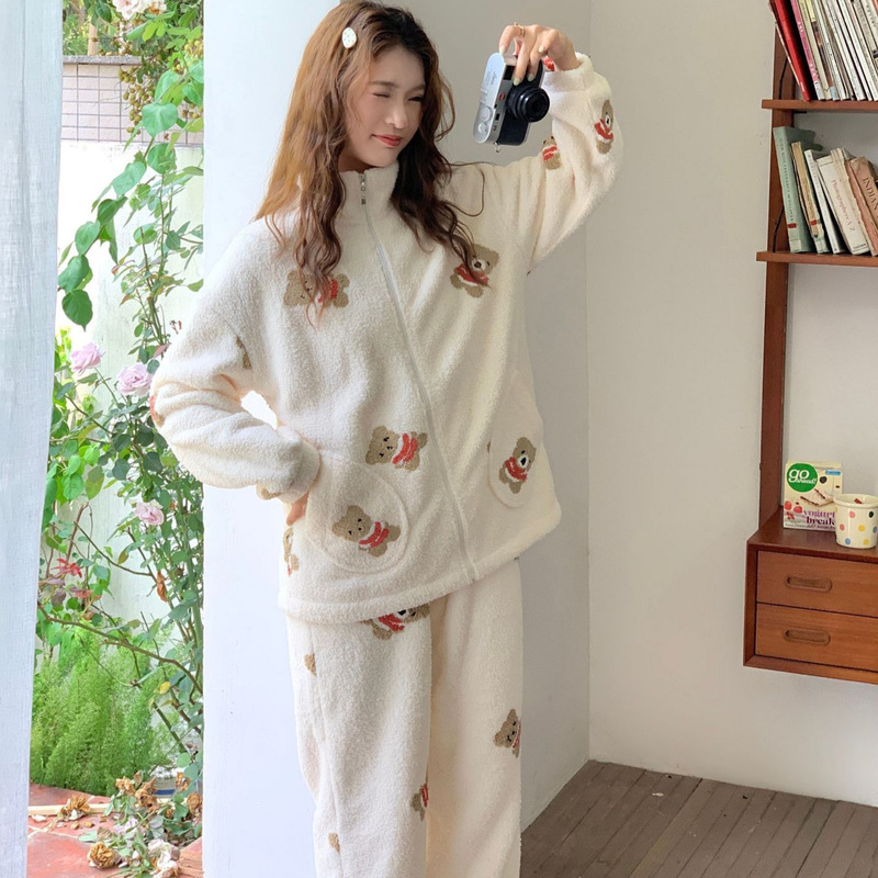 In Stock 6365 Maternity Pajamas for Women, Winter Fleece-Lined and Thickened, Cute Flannel Loungewear with Zipper, Casual Set