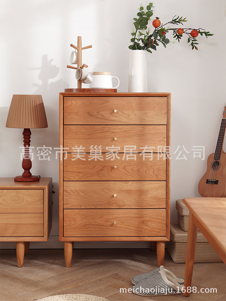 北歐簡約實木儲物櫃 櫻桃木收納櫃 臥室 雲端五鬥抽屜櫃 餐廳邊櫃