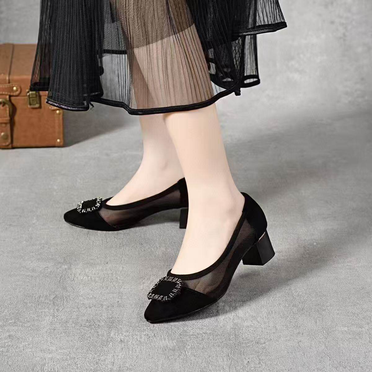 Sandal nữ mũi nhọn chất da, gót thô 3 cm, đế mềm thoáng khí — Đen 3cm chi tiết 6