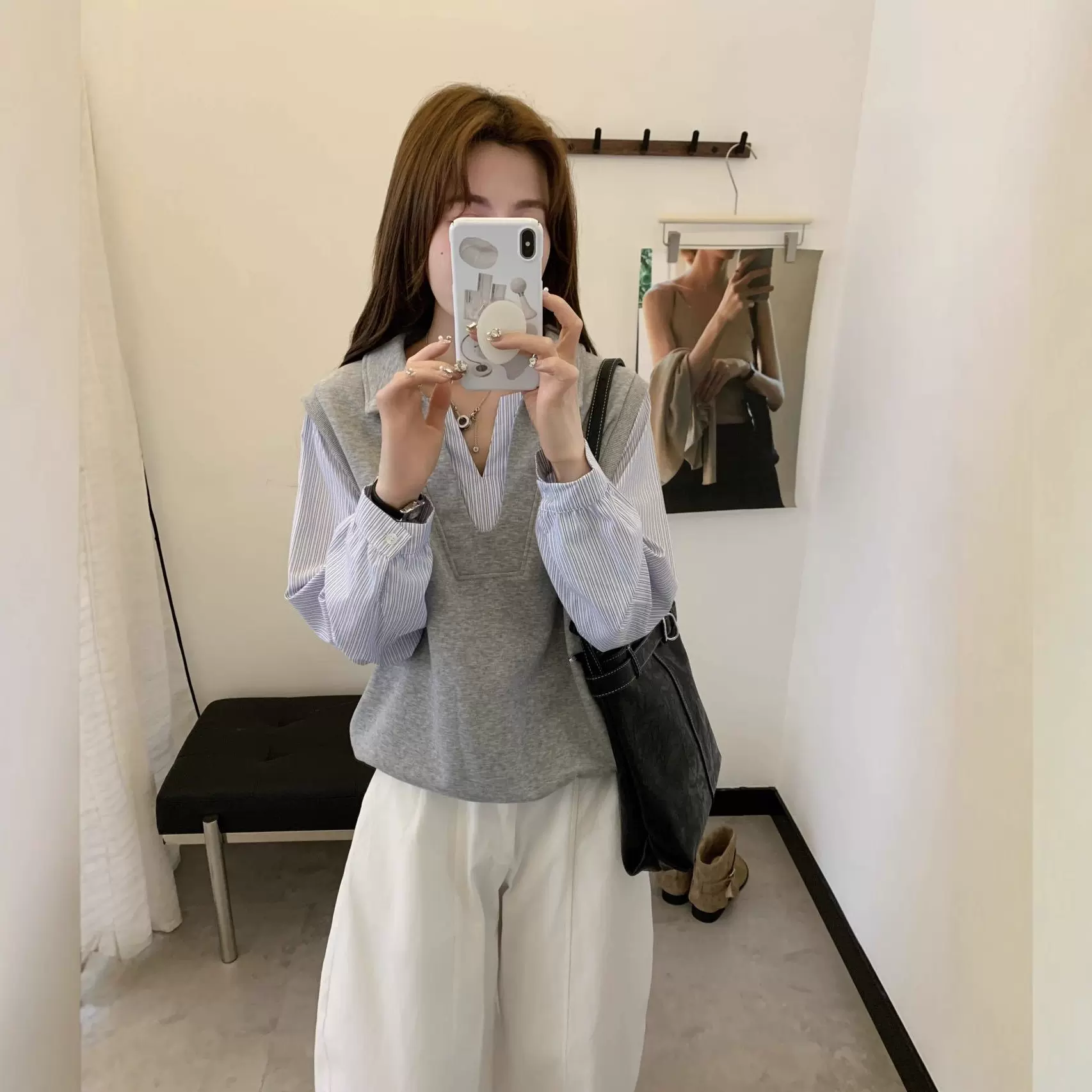 韩系减龄假两件拼接条纹Polo领上衣女装秋季新款大码宽松小衫卫衣