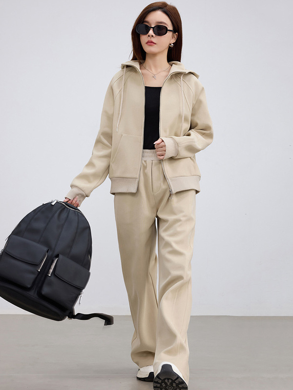 2025新款拉链连帽外套秋冬加绒两件套女装宽松显瘦轻运动休闲套装|undefined
