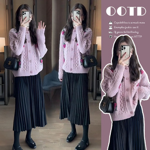 in stock new ~ 2024 autumn and winter suit Korean fashion pleated dress flower sweater coat two-piece set
