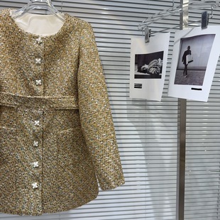 Xiaoxiangfeng 2025 Spring New French Celebrity Flower Pin Gold Bright Silk Tweed Waist Windbreaker Jacket