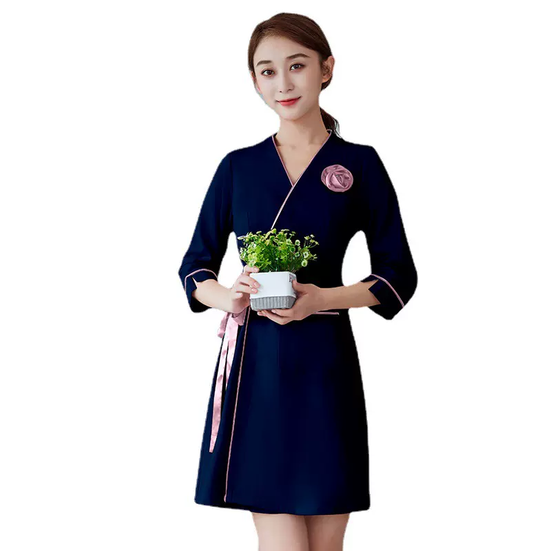 2024春夏美容师工作服女美容院养生馆足浴技师连衣裙套装时尚气质