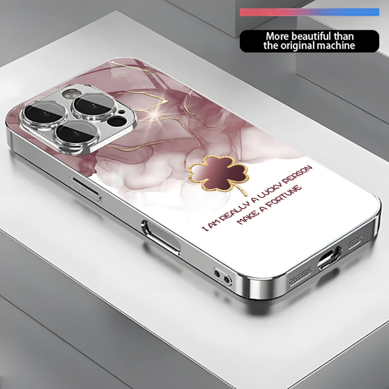 Suitable for Apple 17 Mobile Phone Case Glass Iphone16Pro Electroplated Silver Halo-Dyed Four-Leaf Clover 13/14/X Protective Cover