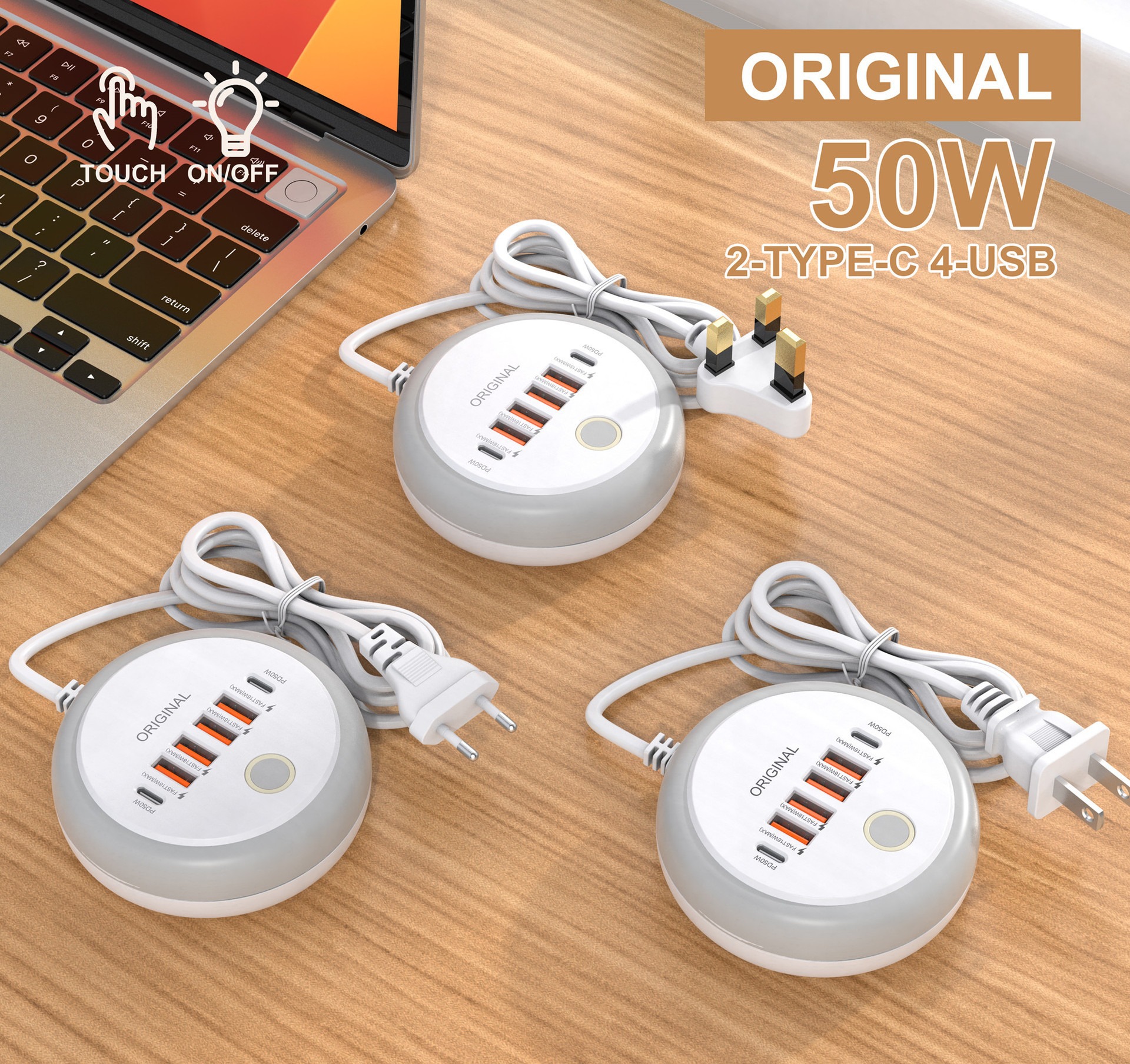 Sınır Ötesi Yeni Model Yuvarlak PD50W Çoklu Hızlı Şarj Çoklu Fonksiyonlu Aydınlatmalı Priz 4USB+Çift Type-C Akıllı Şarj Başlığı
