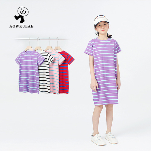 Summer Korean style children's clothing, new girls' dresses, older children's striped breathable casual nightgown, baby girl's long skirt