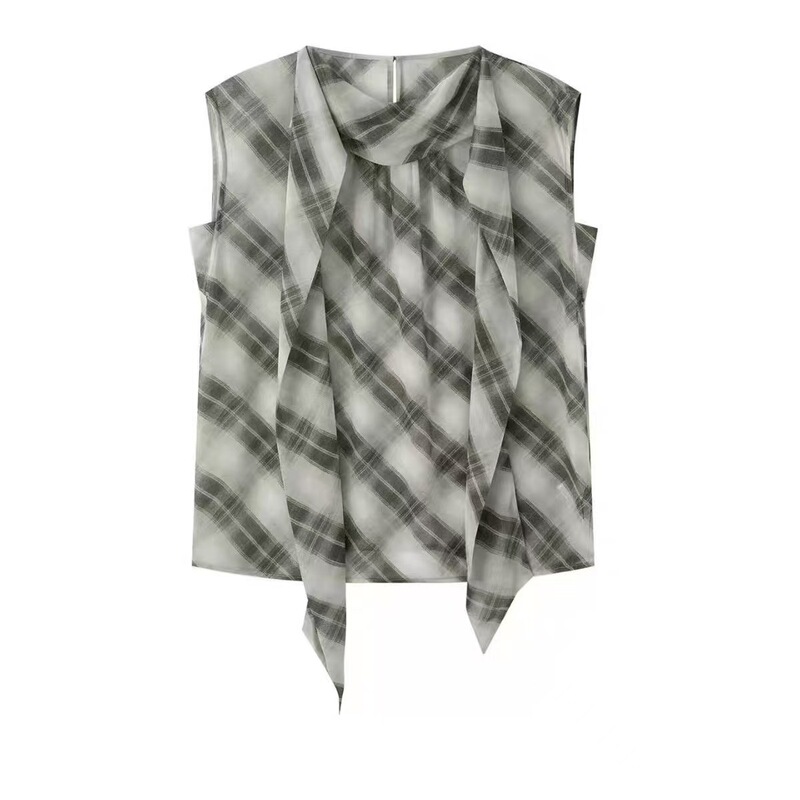 In Stock 2026 Summer New Style French Fashionable and Elegant Tie-Up Retro Plaid Sleeveless Shirt Top P566935 In Stock 2026 Summer New Style French Fashionable and Elegant Tie-Up Retro Plaid Sleeveless Shirt Top P566935