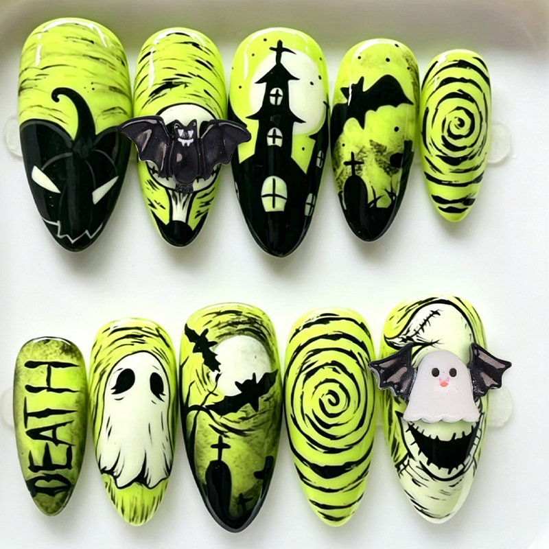 Cross-border Halloween fluorescent green ghost-themed press-on nails, sweet and cool hot girl style almond-shaped fake nails, 30 pieces nail art Cross-border Halloween fluorescent green ghost-themed press-on nails, sweet and cool hot girl style almond-shaped fake nails, 30 pieces nail art