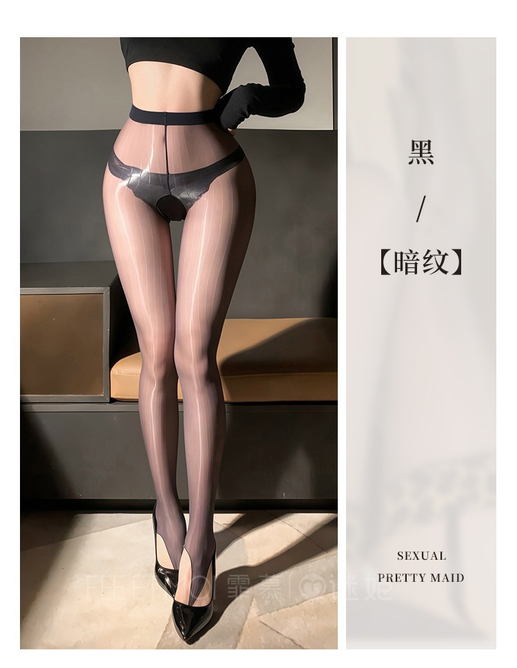 Feimu & Miji Sheer Shiny Open-Crotch Pantyhose 7363, Black, One Size — detail image 10