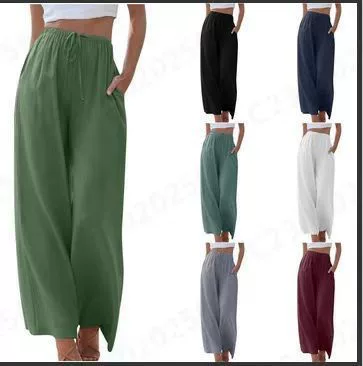 2023 Spring/Summer Cotton and Linen Drawstring Casual Women's Wide-Leg Trousers
