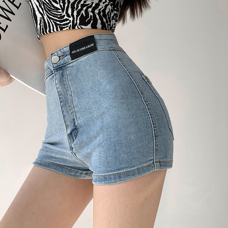 Design Decal Denim Shorts Women's Summer Thin chic High Waist Slimming Straight Slim-Fit Elastic Base Wide-Leg Hot Pants