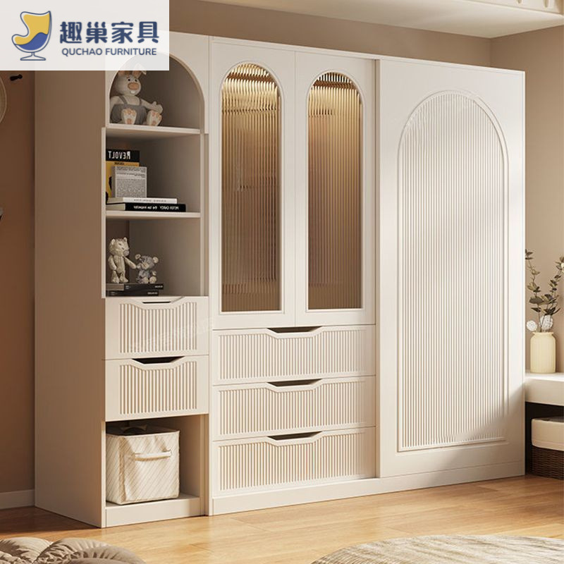 Cream-Style Wardrobe Storage Closet Children's Wardrobe Home Bedroom Small Apartment Light Luxury Simple Sliding Door Wardrobe