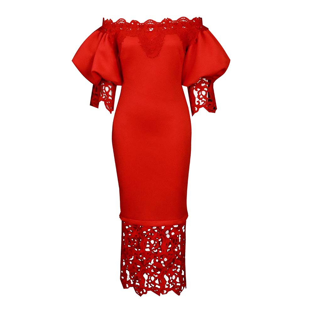 Off Shoulder Lace Trimmed Evening Dress Lantern Sleeves Elegant Design Perfect for Parties Wholesale Available