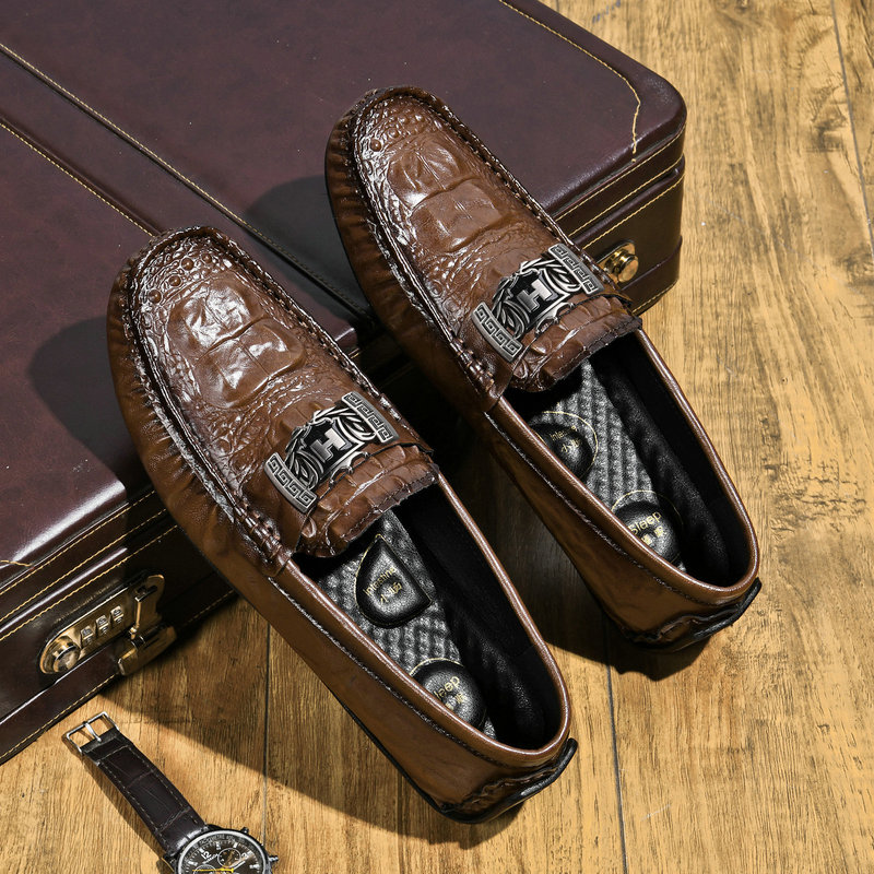 Live Broadcast Popular Crocodile Pattern Bean Shoes Lazy Driving Shoes British Casual Men's Leather Shoes Genuine Leather Cowhide H8333