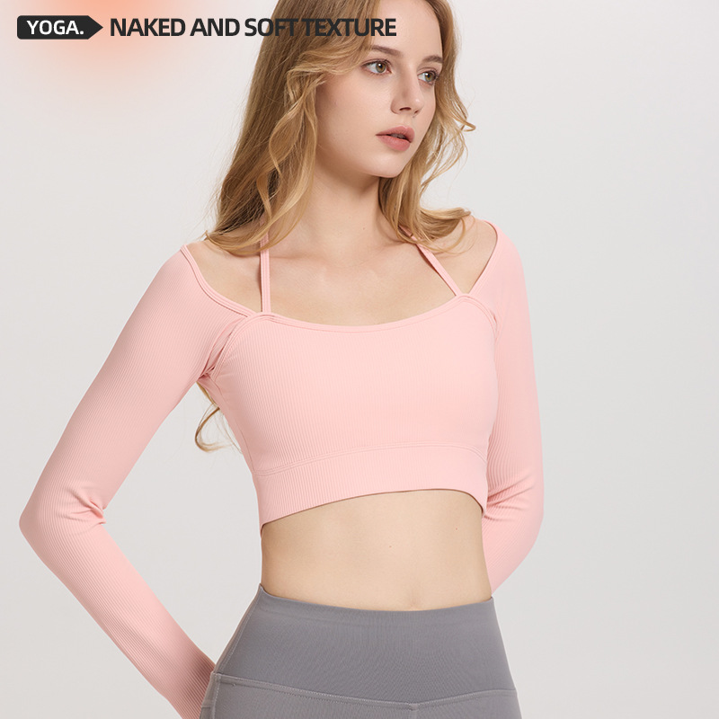 Otoño y invierno nuevo cuello de collar vestido de pecho de manga larga mujer hilo ombligo corto apertado alto elástico chaqueta de fitness