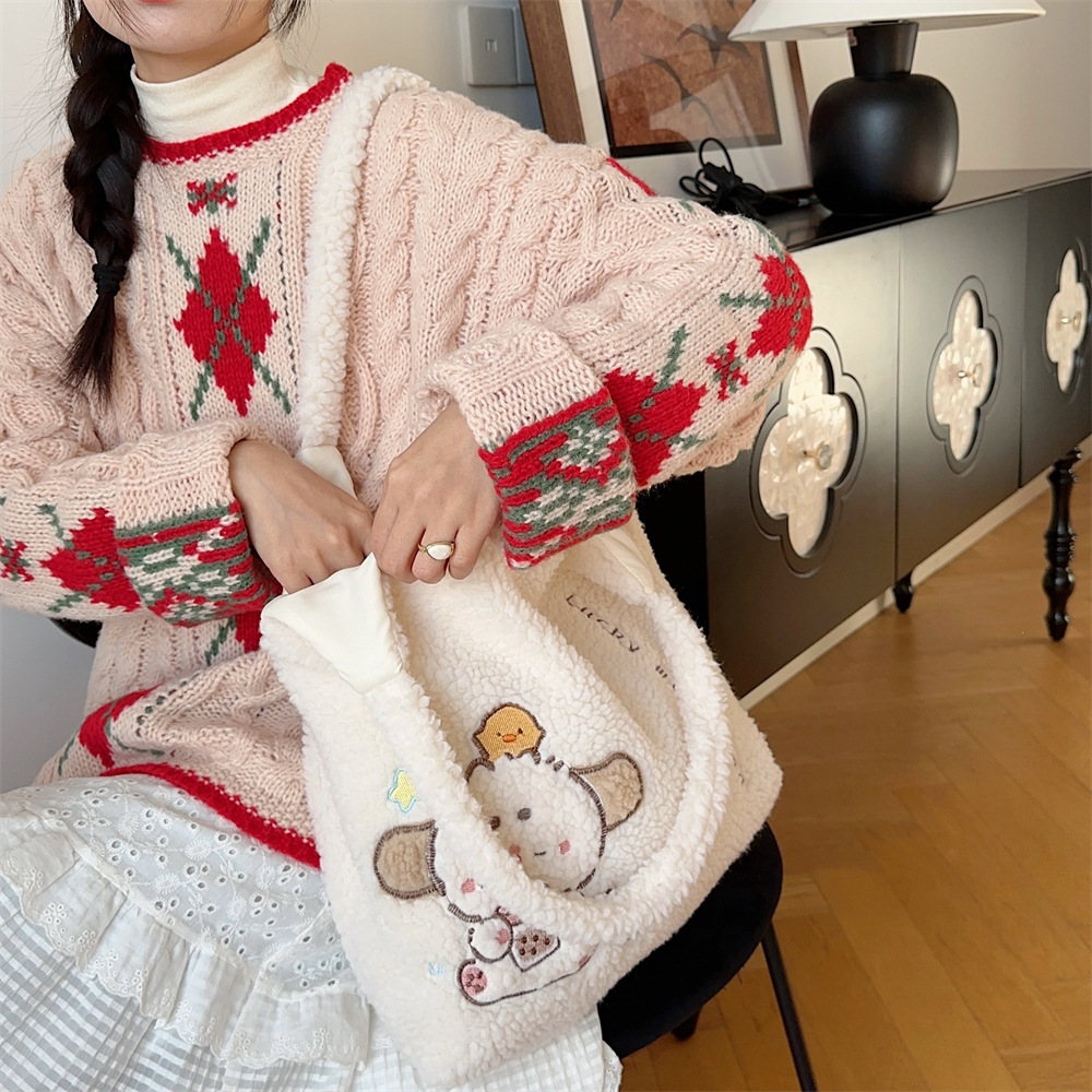 312201 Korean version ins Autumn/Winter Collection, fluffy single-shoulder bag, cute female dog embroidered large capacity tote bag undefined