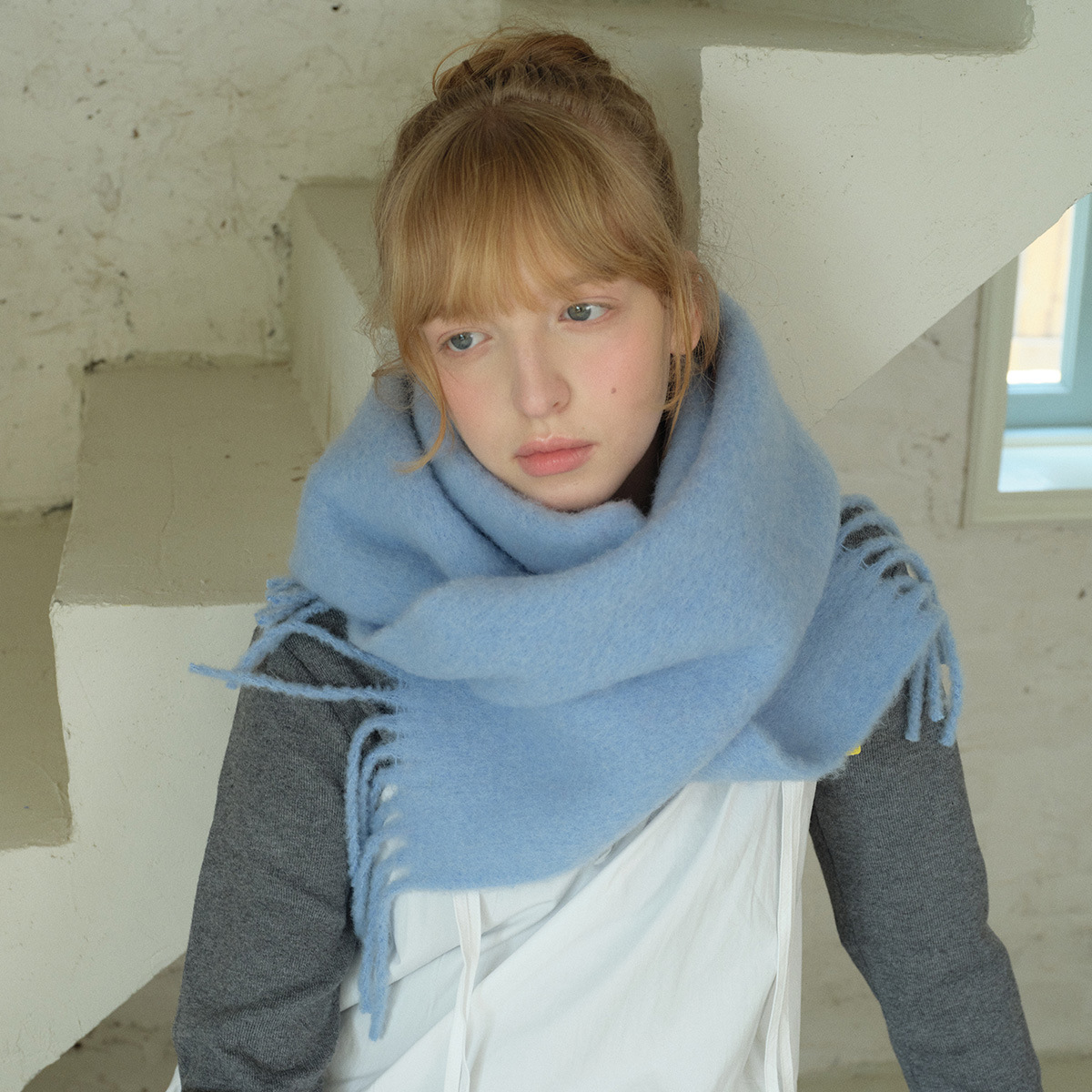 Homemade 25% Wool Blended Brushed Pure Color Scarf for Women Korean Style Tassel Thickeneded Icelandic Blue Soft Scarf Shawl