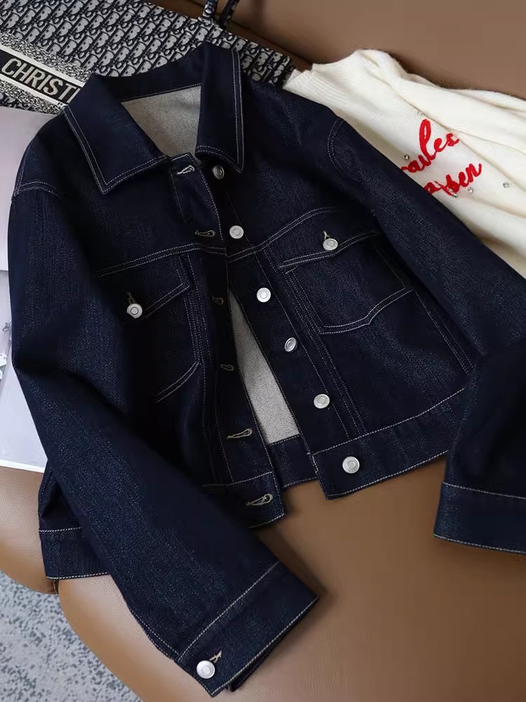 Women's Denim Jacket Bright Silk Lapel Niche Design Short Coat_voghion.com