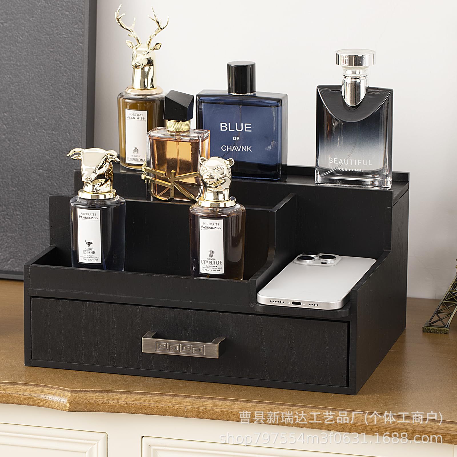 Wooden Desktop Storage Box Cologne Storage Rack Perfume Display Rack with Compartment Drawer Jewelry Watch Storage Box