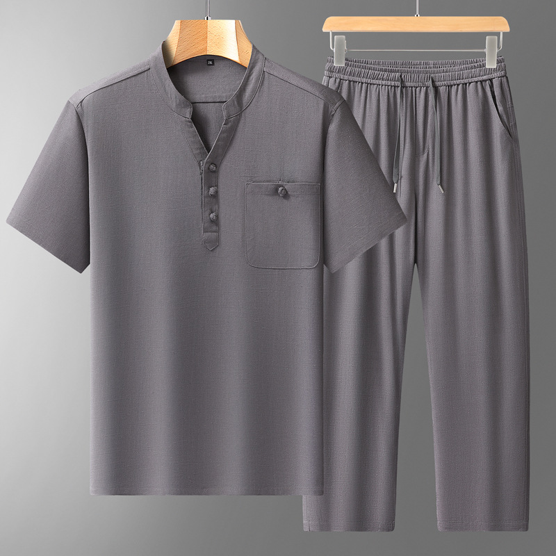 Chinese style cotton and linen men's loose drawstring pants with waist pocket design, comfortable and breathable for home and travel.