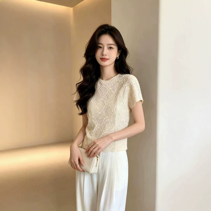New Issey Miyake Pleated Solid Color Embossed Lace Short-Sleeve Summer Loose Slimming Elegant Commuter Top for Women