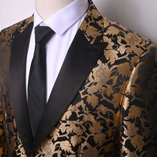 New Men's Black Collar Blazer Jacket Gold Pattern Rose Gorgeous Floral Formal Banquet Business Dress Wholesale