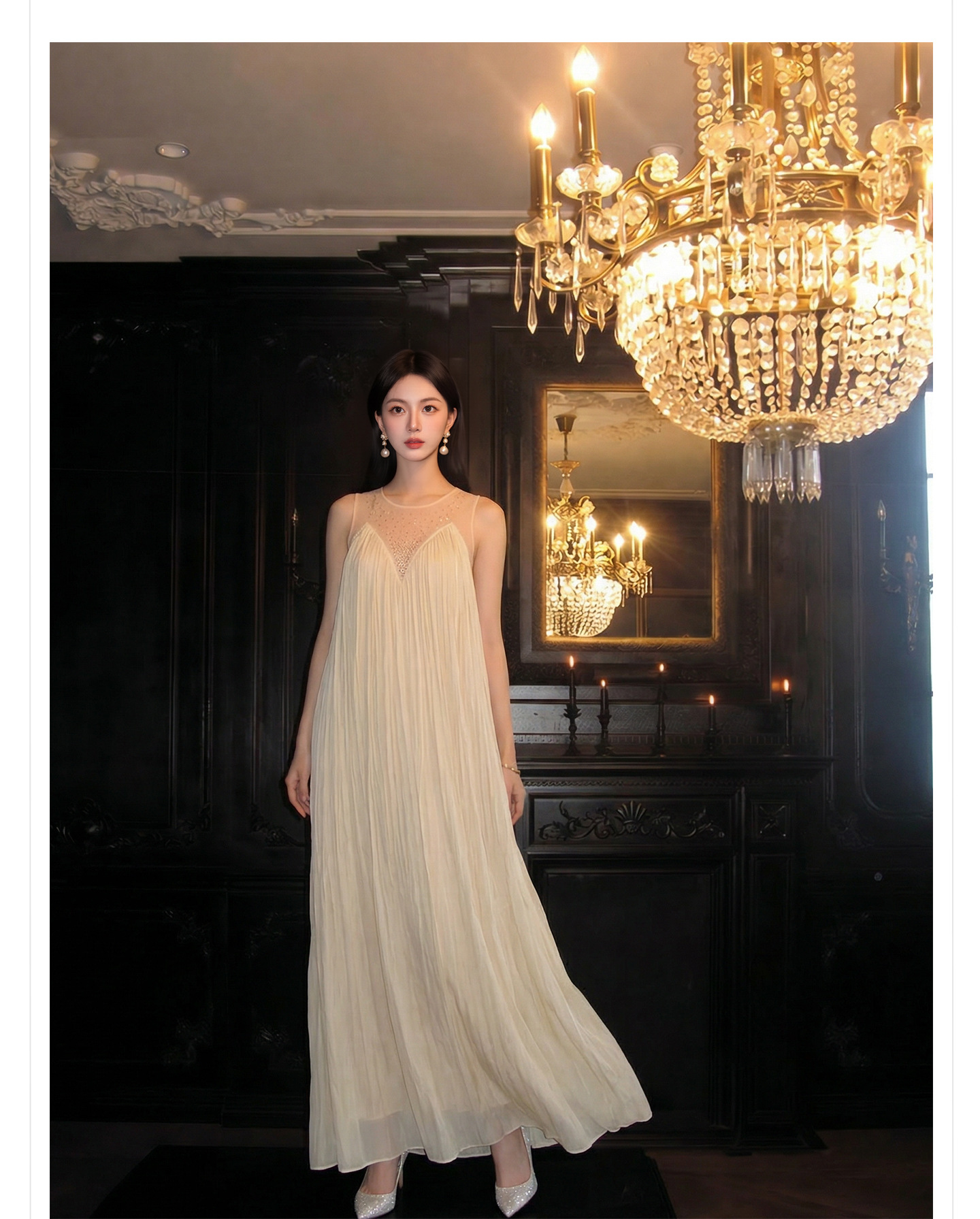 Đầm maxi nữ thắt eo không tay, cổ tròn, phối ren và vải lưới đính đá, tay áo xếp ly bồng — màu nâu, màu mơ chi tiết 13