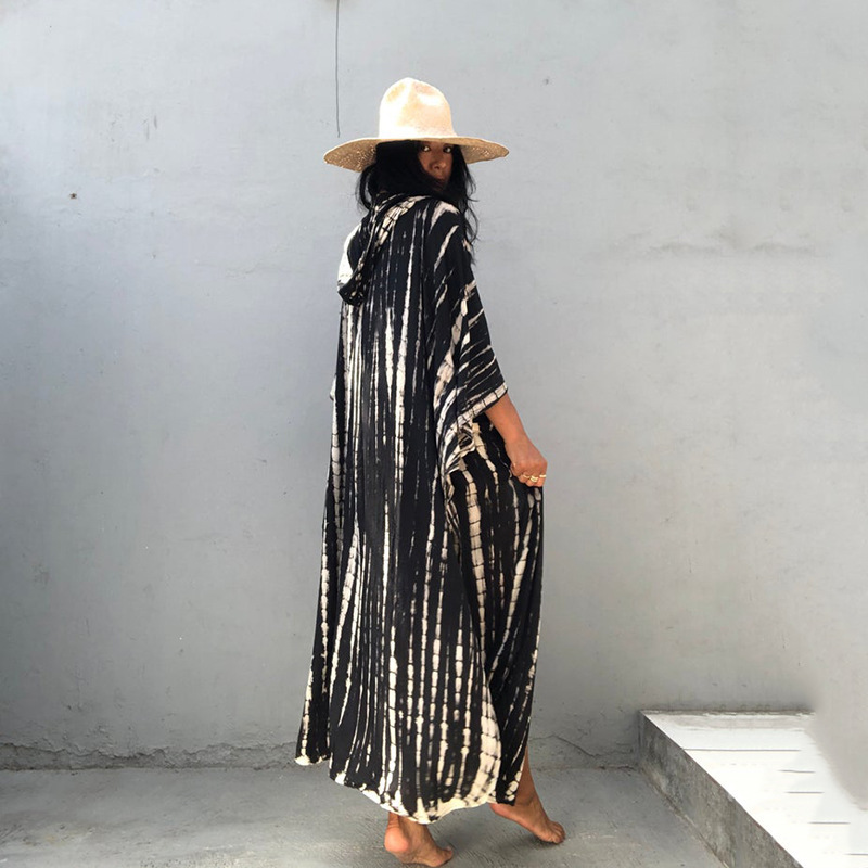 Rayon Water Print Bikini Cover up Loose Dress Sexy Cardigan Beach Sun Protection Shirt European American Style Women's Clothing Swimwear_ecoleips.com