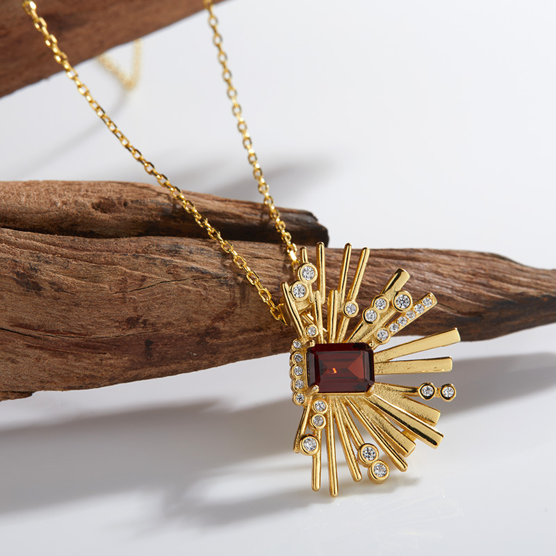 Cross-border hot sale sweater chain s925 silver inlaid natural garnet necklace Women's Light luxury blooming style clavicle chain