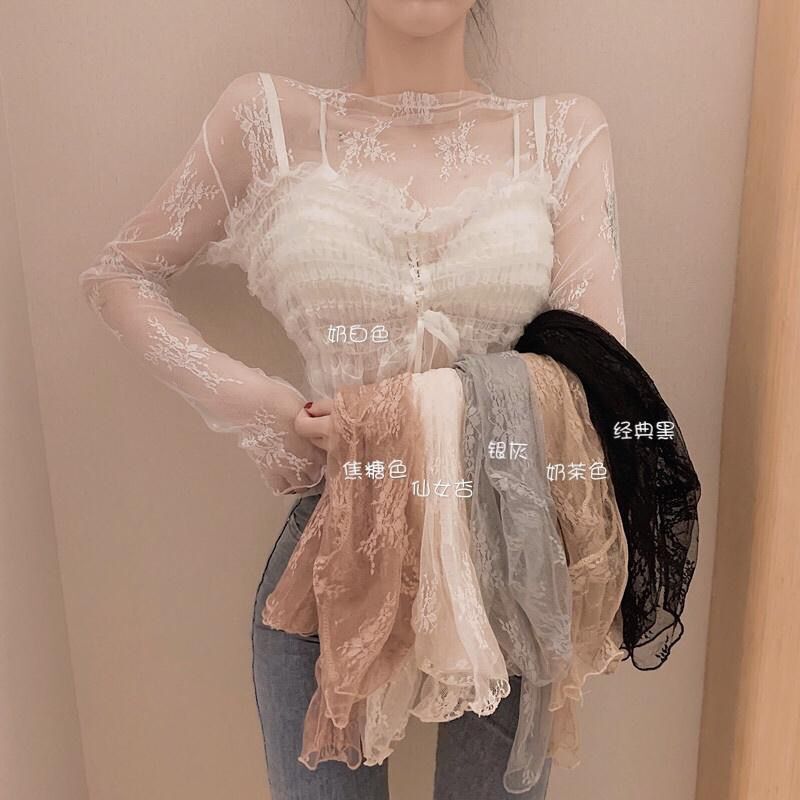 Half-high Collar Lace Base Shirt Women's Spring and Autumn New Style Mesh Long-sleeved Stylish Inner Slim-fit Shirt Trendy Shirt