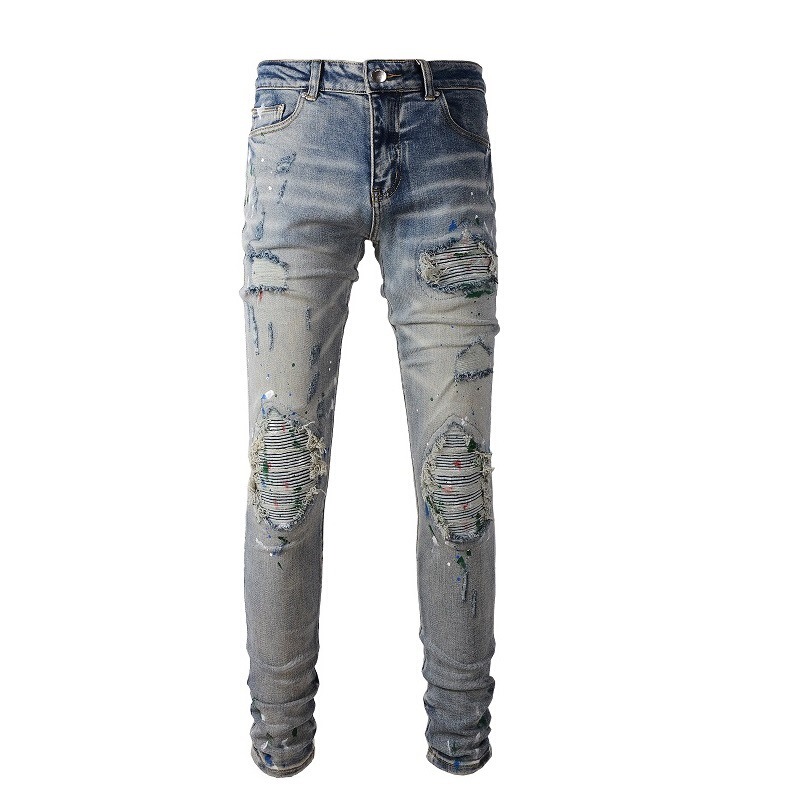 European and American high street ins same style washed old splash-ink cat beard patch ripped stretch slim fit skinny pants jeans European and American high street ins same style washed old splash-ink cat beard patch ripped stretch slim fit skinny pants jeans