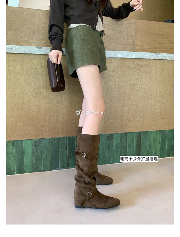 内增高6CM~真皮复古堆堆西部牛仔靴圆头扣带柔软褶皱显瘦中筒靴女|undefined
