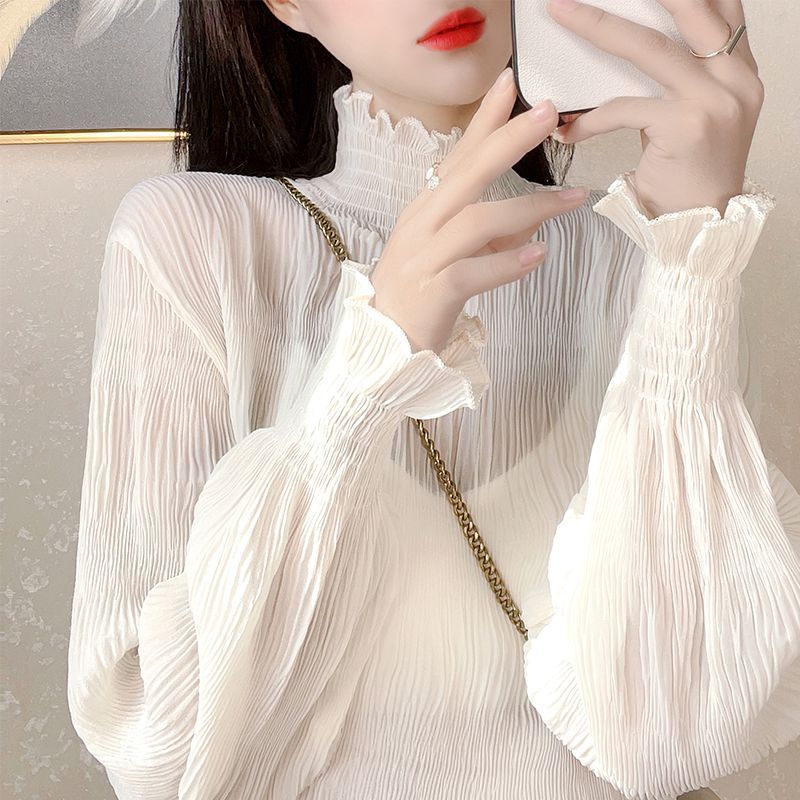 高领雪纺打底衫女秋冬2025新款洋气百褶蕾丝衫女上衣毛衣内搭纱衣|undefined