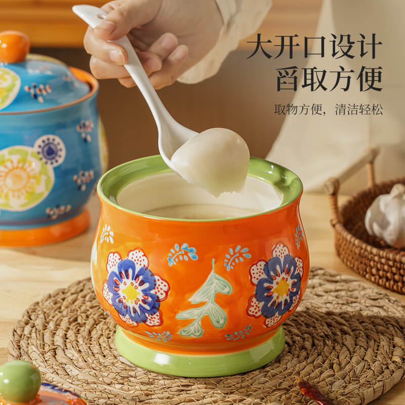 Porcelana pintada a mano esmaltada de color cerámico con sabor, grasa doméstica, grasa de cerdo con cuchara de cubierta, grasa de cerdo resistente a altas temperaturas